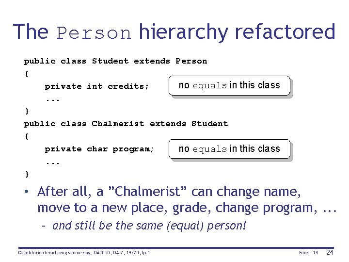 The Person hierarchy refactored public class Student extends Person { no equals in this
