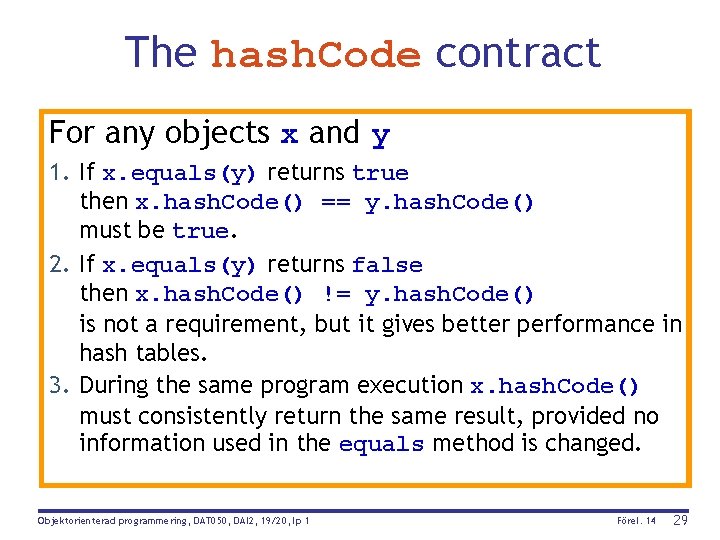 The hash. Code contract For any objects x and y 1. If x. equals(y)