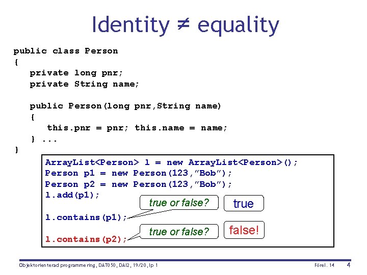 Identity ≠ equality public class Person { private long pnr; private String name; public