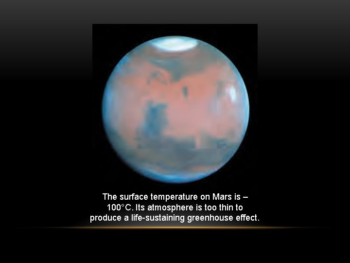 The surface temperature on Mars is – 100°C. Its atmosphere is too thin to