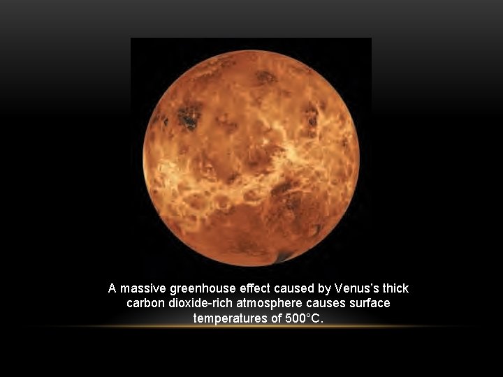 A massive greenhouse effect caused by Venus’s thick carbon dioxide-rich atmosphere causes surface temperatures
