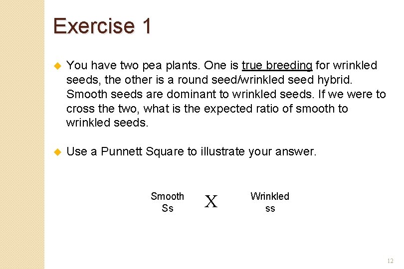 Exercise 1 u You have two pea plants. One is true breeding for wrinkled