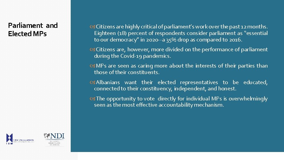 Parliament and Elected MPs Citizens are highly critical of parliament’s work over the past