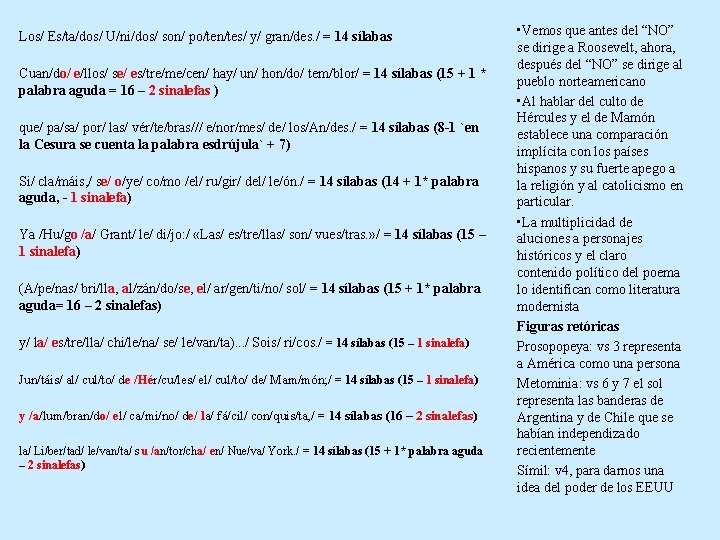 Los/ Es/ta/dos/ U/ni/dos/ son/ po/ten/tes/ y/ gran/des. / = 14 sílabas Cuan/do/ e/llos/ se/