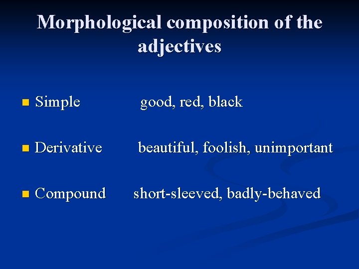 Morphological composition of the adjectives n Simple good, red, black n Derivative beautiful, foolish,