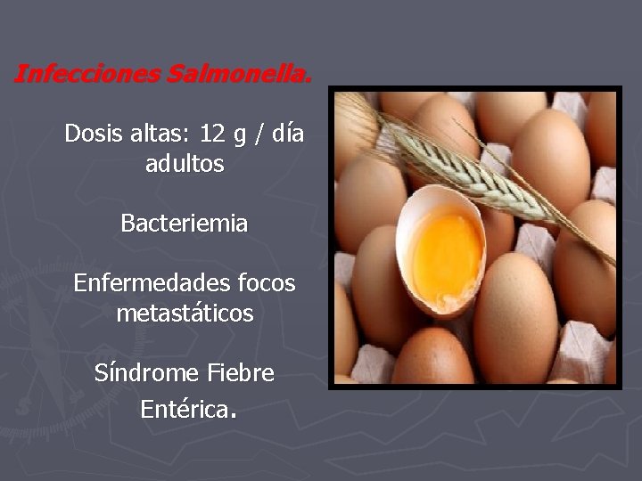 Infecciones Salmonella. Dosis altas: 12 g / día adultos Bacteriemia Enfermedades focos metastáticos Síndrome