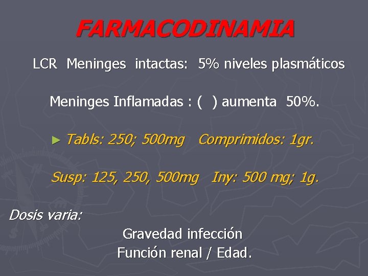 FARMACODINAMIA LCR Meninges intactas: 5% niveles plasmáticos Meninges Inflamadas : ( ) aumenta 50%.