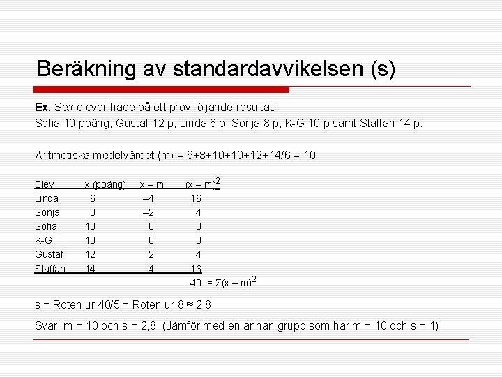 Beräkning av standardavvikelsen (s) Ex. Sex elever hade på ett prov följande resultat: Sofia