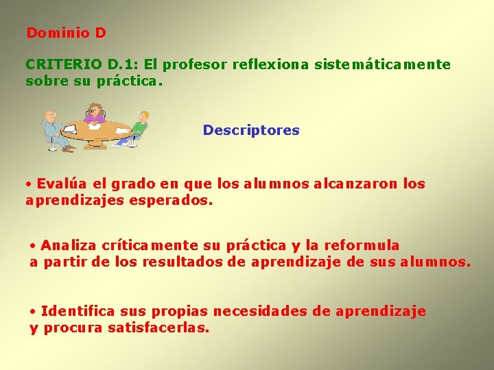 Dominio D CRITERIO D. 1: El profesor reflexiona sistemáticamente sobre su práctica. Descriptores ·