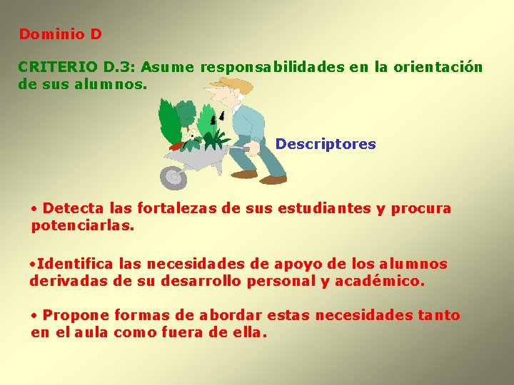 Dominio D CRITERIO D. 3: Asume responsabilidades en la orientación de sus alumnos. Descriptores
