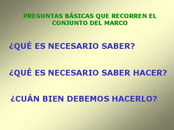 PREGUNTAS BÁSICAS QUE RECORREN EL CONJUNTO DEL MARCO ¿QUÉ ES NECESARIO SABER? ¿QUÉ ES