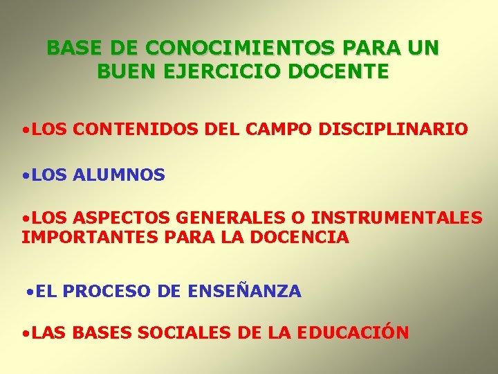 BASE DE CONOCIMIENTOS PARA UN BUEN EJERCICIO DOCENTE • LOS CONTENIDOS DEL CAMPO DISCIPLINARIO