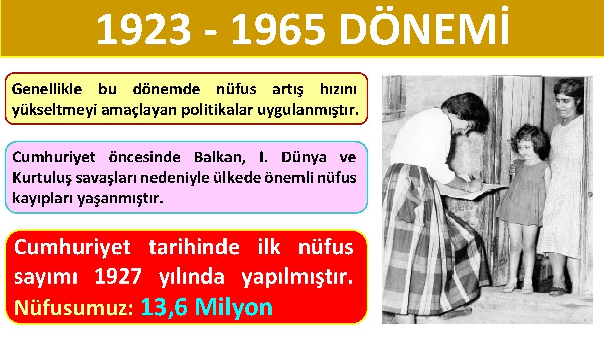 1923 - 1965 DÖNEMİ Genellikle bu dönemde nüfus artış hızını yükseltmeyi amaçlayan politikalar uygulanmıştır.