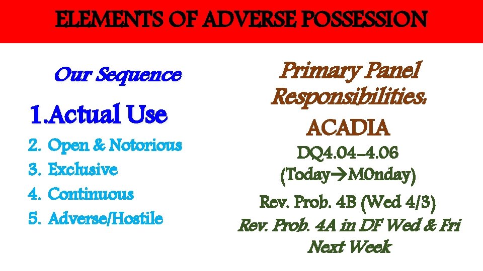 ELEMENTS OF ADVERSE POSSESSION Our Sequence 1. Actual Use 2. 3. 4. 5. Open