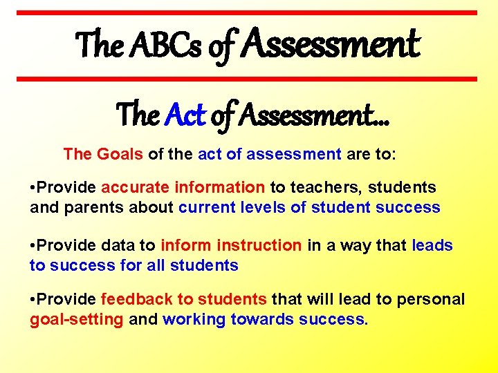 The ABCs of Assessment The Act of Assessment… The Goals of the act of