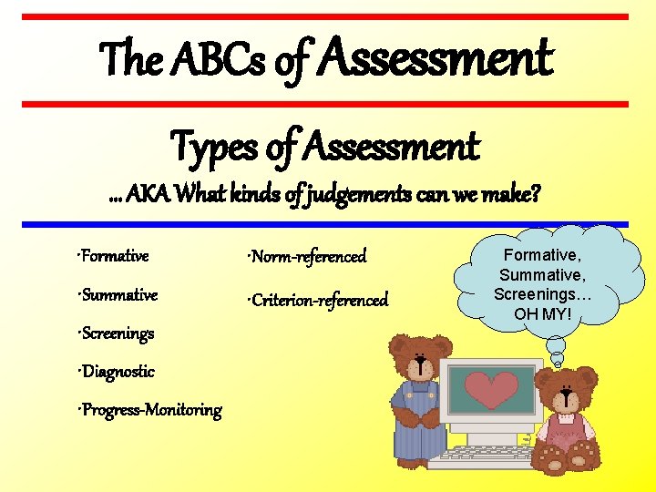 The ABCs of Assessment Types of Assessment … AKA What kinds of judgements can