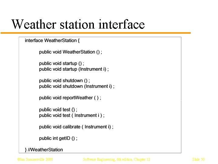 Weather station interface ©Ian Sommerville 2000 Software Engineering, 6 th edition. Chapter 12 Slide