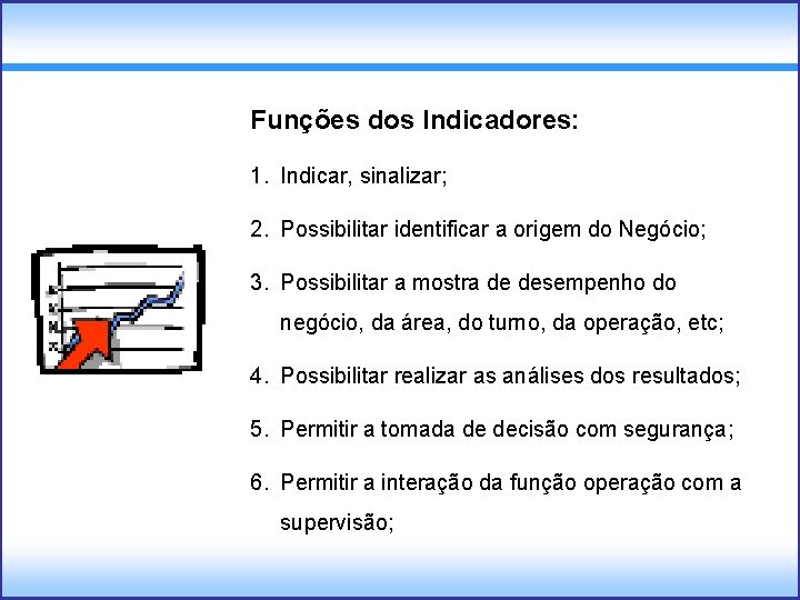 Funções dos Indicadores: 1. Indicar, sinalizar; 2. Possibilitar identificar a origem do Negócio; 3.