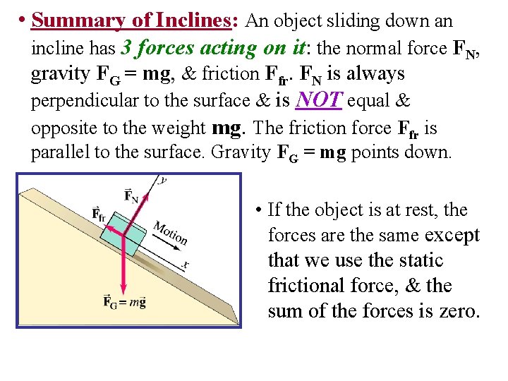  • Summary of Inclines: An object sliding down an incline has 3 forces