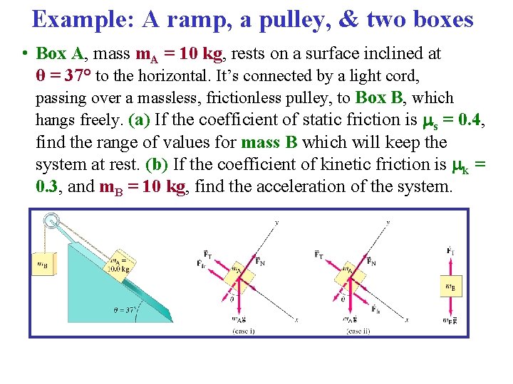 Example: A ramp, a pulley, & two boxes • Box A, mass m. A