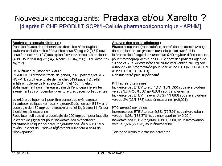 Nouveaux anticoagulants: Pradaxa et/ou Xarelto ? [d’après FICHE PRODUIT SCPM -Cellule pharmacoéconomique - APHM]