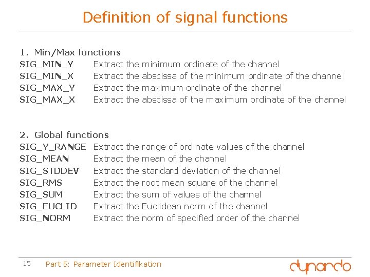 Definition of signal functions 1. Min/Max functions SIG_MIN_Y Extract the minimum ordinate of the