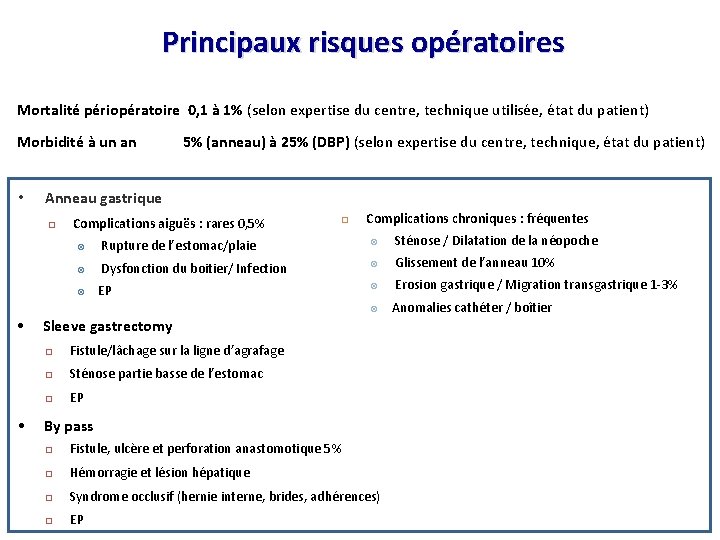 Principaux risques opératoires Mortalité périopératoire 0, 1 à 1% (selon expertise du centre, technique