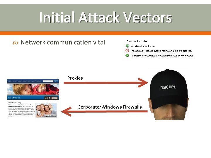 Initial Attack Vectors Network communication vital Proxies Corporate/Windows Firewalls 