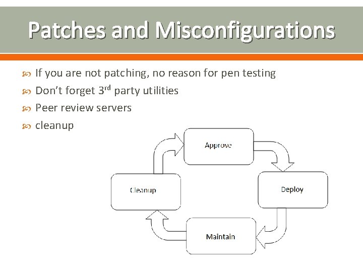 Patches and Misconfigurations If you are not patching, no reason for pen testing Don’t