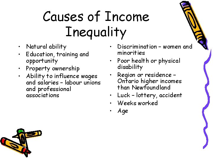 Causes of Income Inequality • Natural ability • Education, training and opportunity • Property