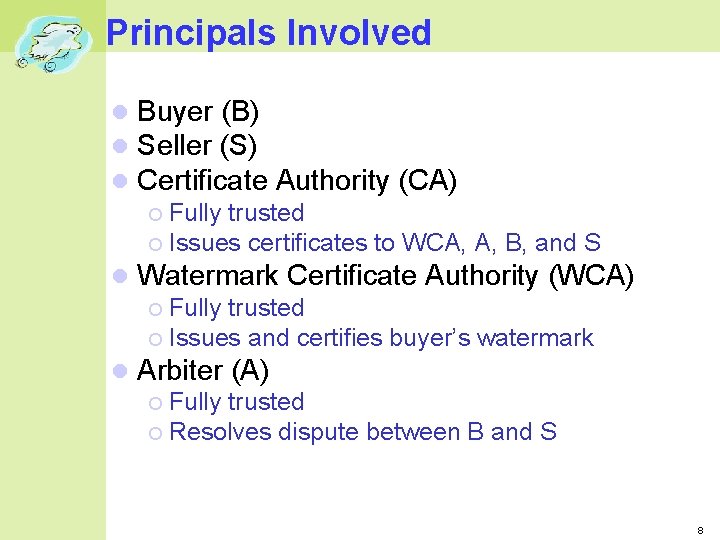 Principals Involved Buyer (B) Seller (S) Certificate Authority (CA) Fully trusted Issues certificates to Principals Involved Buyer (B) Seller (S) Certificate Authority (CA) Fully trusted Issues certificates to