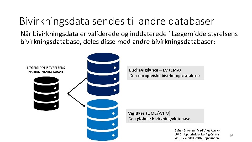 Bivirkningsdata sendes til andre databaser Når bivirkningsdata er validerede og inddaterede i Lægemiddelstyrelsens bivirkningsdatabase,