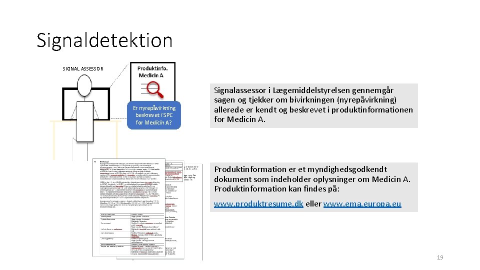 Signaldetektion SIGNAL ASSESSOR Er nyrepåvirkning beskrevet i SPC for Medicin A? Signalassessor i Lægemiddelstyrelsen