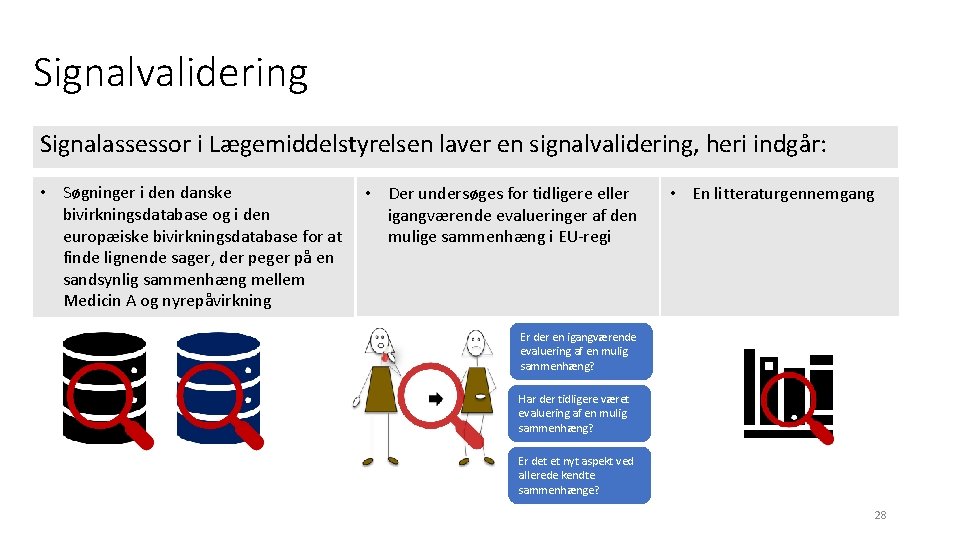 Signalvalidering Signalassessor i Lægemiddelstyrelsen laver en signalvalidering, heri indgår: • Søgninger i den danske