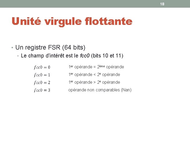 18 Unité virgule flottante • Un registre FSR (64 bits) • Le champ d’intérêt 18 Unité virgule flottante • Un registre FSR (64 bits) • Le champ d’intérêt