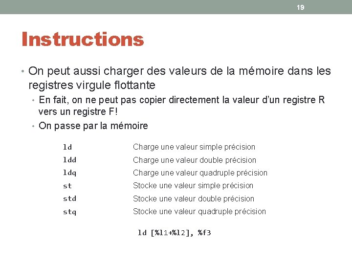 19 Instructions • On peut aussi charger des valeurs de la mémoire dans les 19 Instructions • On peut aussi charger des valeurs de la mémoire dans les
