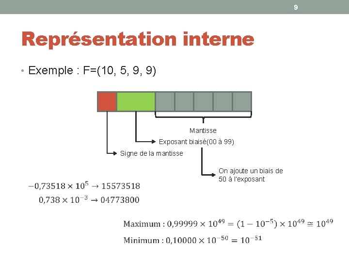 9 Représentation interne • Exemple : F=(10, 5, 9, 9) Mantisse Exposant biaisé(00 à