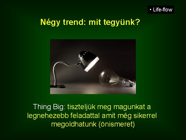  • Life-flow Négy trend: mit tegyünk? Thing Big: tiszteljük meg magunkat a legnehezebb