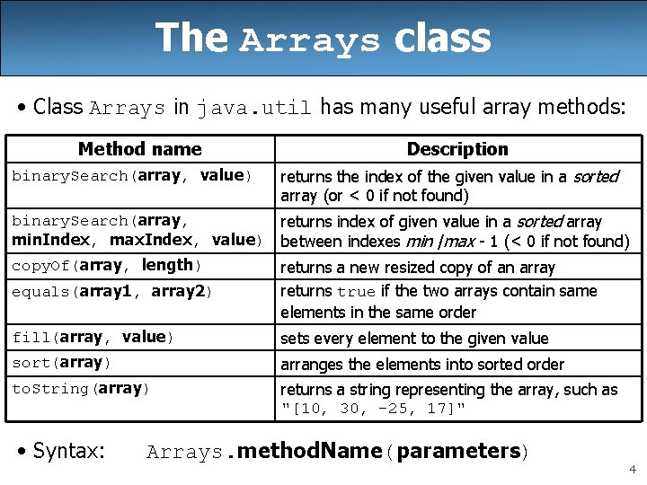 The Arrays class • Class Arrays in java. util has many useful array methods: