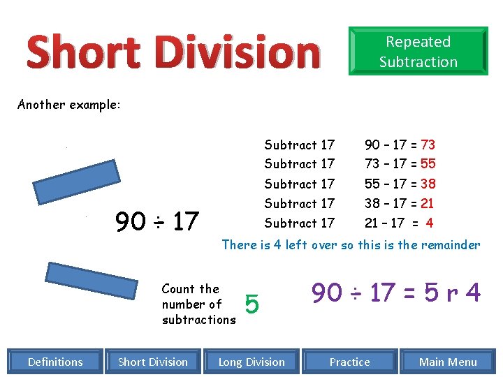 Short Division Repeated Subtraction Another example: 90 ÷ 17 Short Division 90 – 17