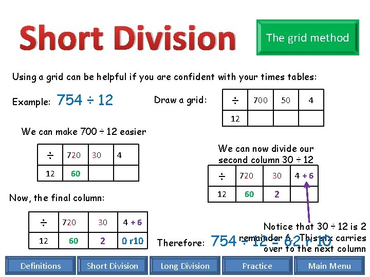 Short Division The grid method Using a grid can be helpful if you are