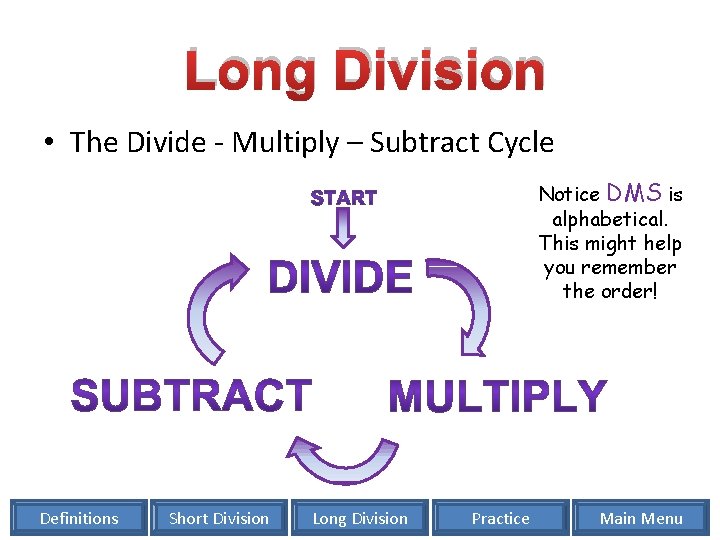 Long Division • The Divide - Multiply – Subtract Cycle Notice DMS is alphabetical.