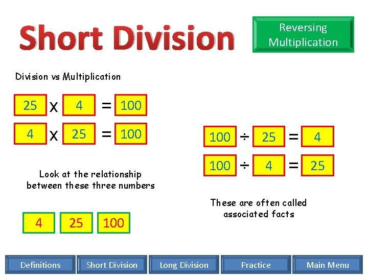 Short Division Reversing Multiplication Division vs Multiplication 25 x 4 = 100 4 x