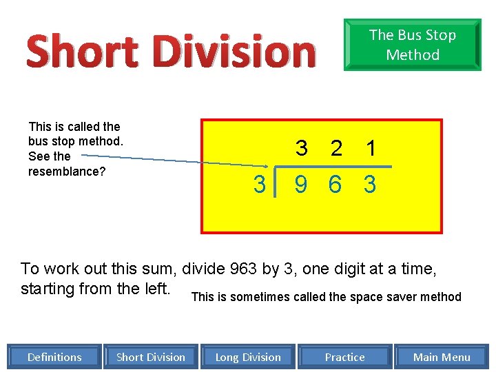Short Division This is called the bus stop method. See the resemblance? 3 3