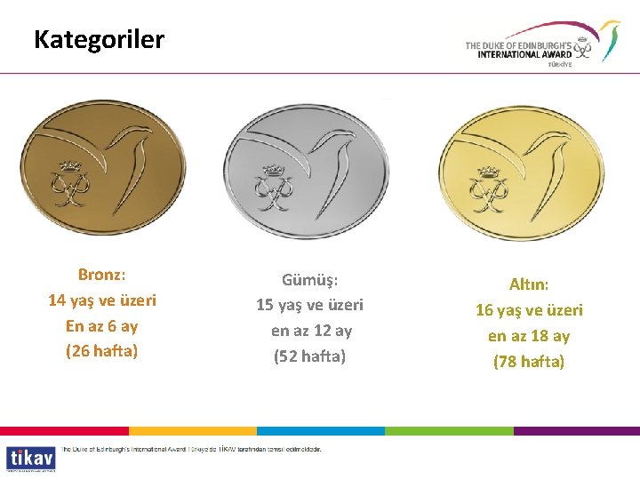 Kategoriler Bronz: 14 yaş ve üzeri En az 6 ay (26 hafta) Gümüş: 15