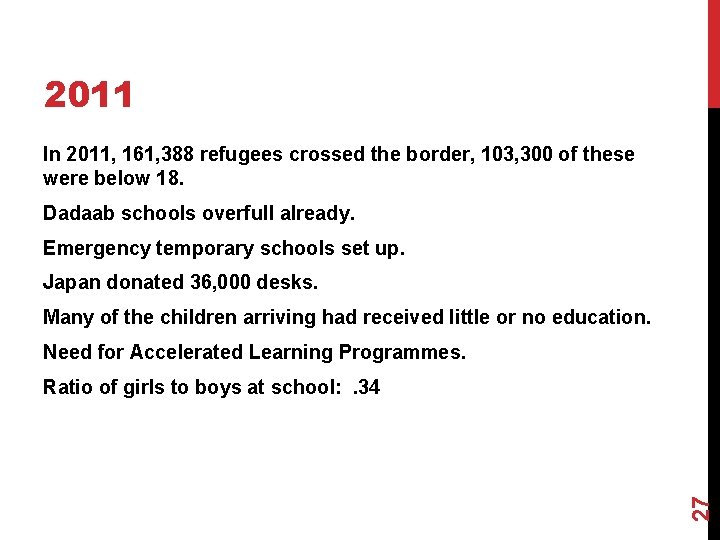 2011 In 2011, 161, 388 refugees crossed the border, 103, 300 of these were