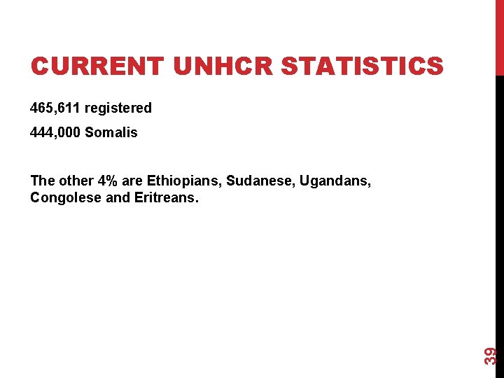 CURRENT UNHCR STATISTICS 465, 611 registered 444, 000 Somalis 39 The other 4% are