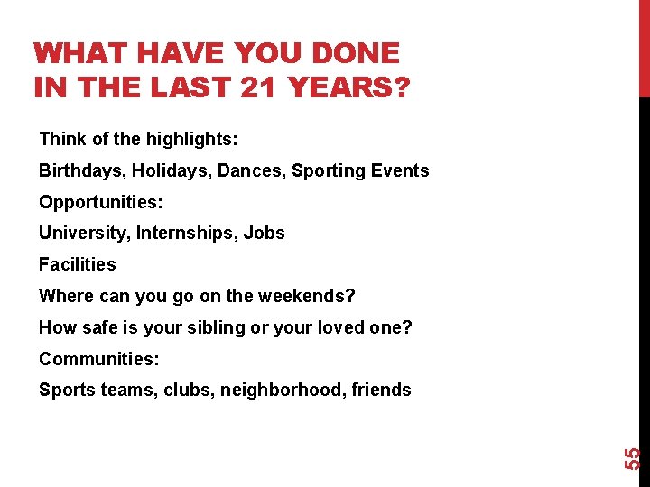 WHAT HAVE YOU DONE IN THE LAST 21 YEARS? Think of the highlights: Birthdays,