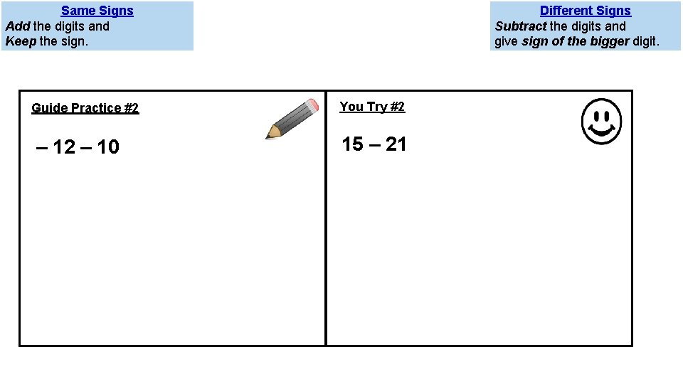 Same Signs Add the digits and Keep the sign. Guide Practice #2 – 10