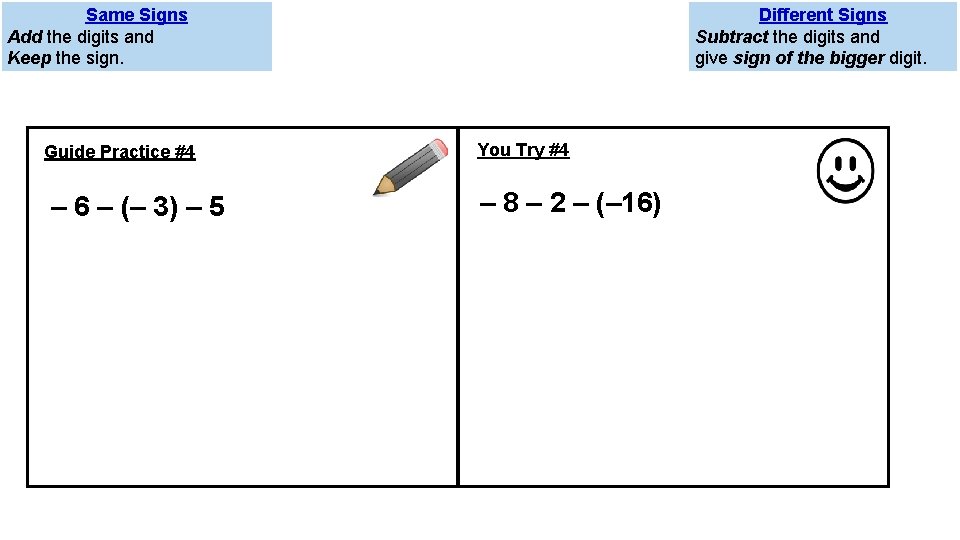 Same Signs Add the digits and Keep the sign. Guide Practice #4 – 6